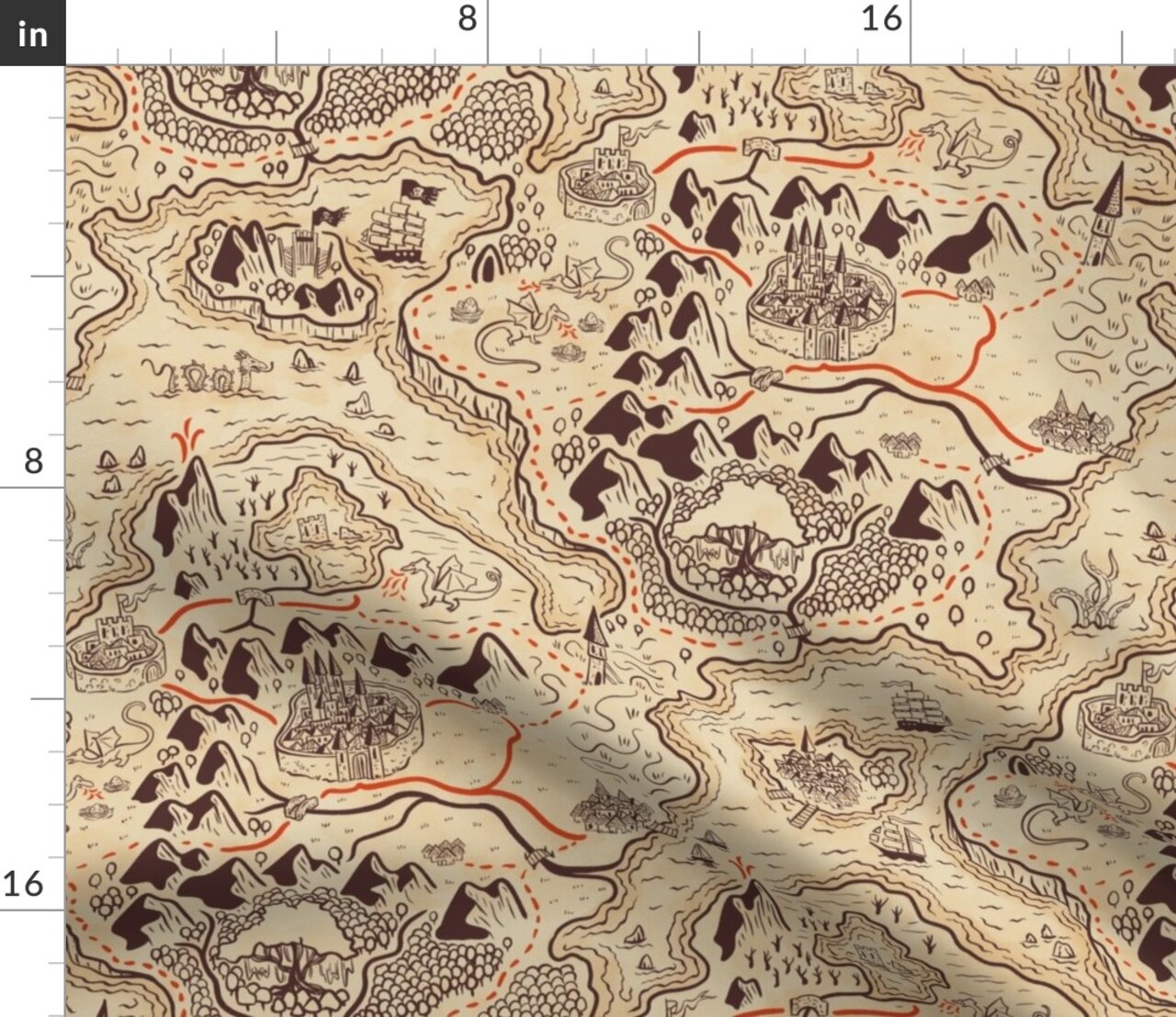 Dragon Cartography Fantasy Sepia Map Dragons Adventure Playful Kids Custom Printed Fabric by Spoonflower Various Fabrics by the Yard or Fat Quarter
